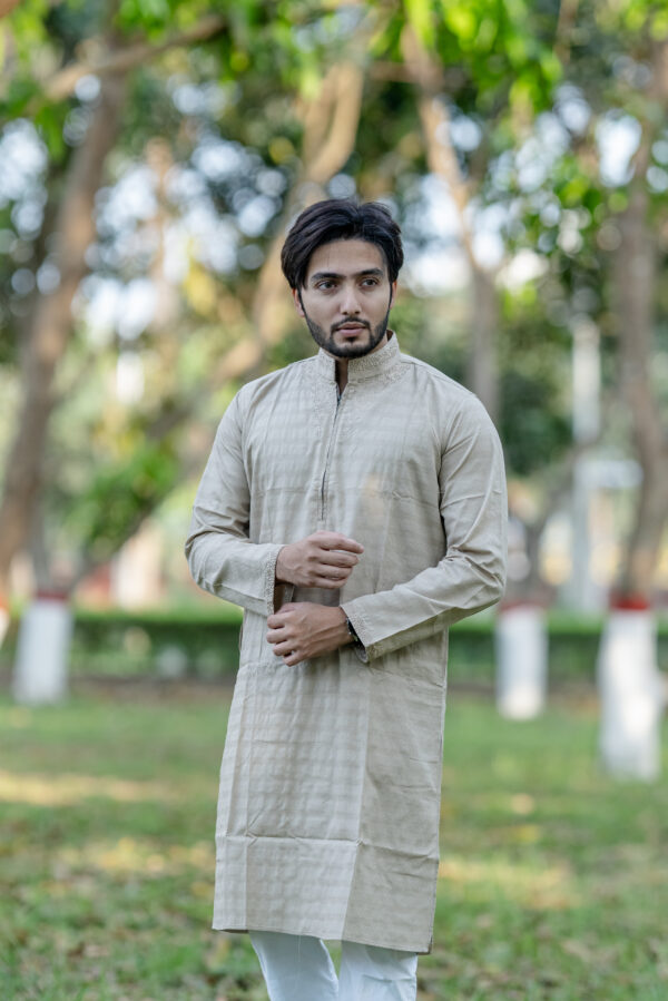 Light Brown Printed Premium Embroidery Panjabi - Image 2