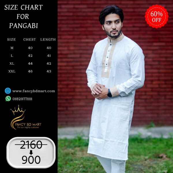 White Viscose-Cotton Premium Embroidery Panjabi