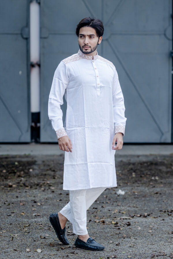 White Color Twill-Cotton Premium Embroidery Panjabi - Image 2